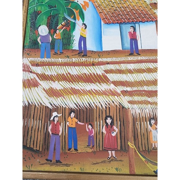 Nicaraguan Country Folk Art Oil Painting on Canvas Signed Flowers Village Life - Picture 2 of 7